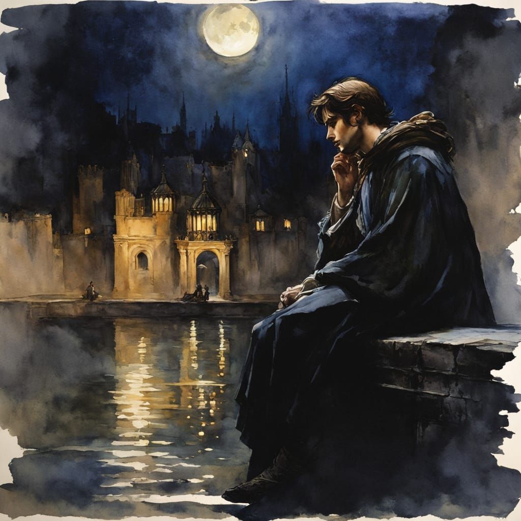 Moonlit Prince in Chiaroscuro Watercolor Style