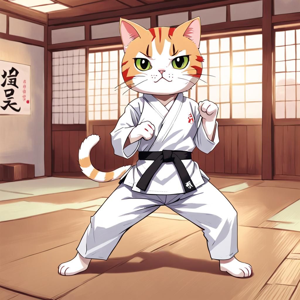 Karate Feline Warrior in Traditional Japanese Dojo