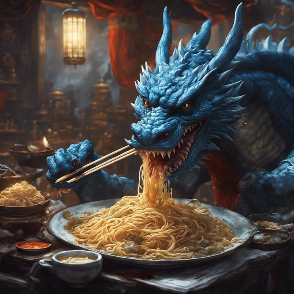 Majestic Blue Dragon Devours Noodles with Chopsticks in Dark...