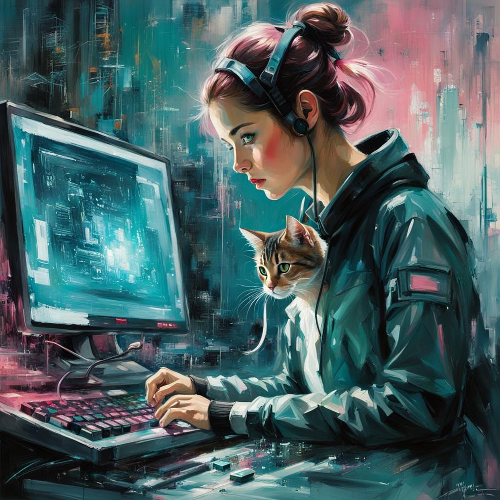 Cyberpunk Female Artist Creates Digital Masterpiece in Labor...