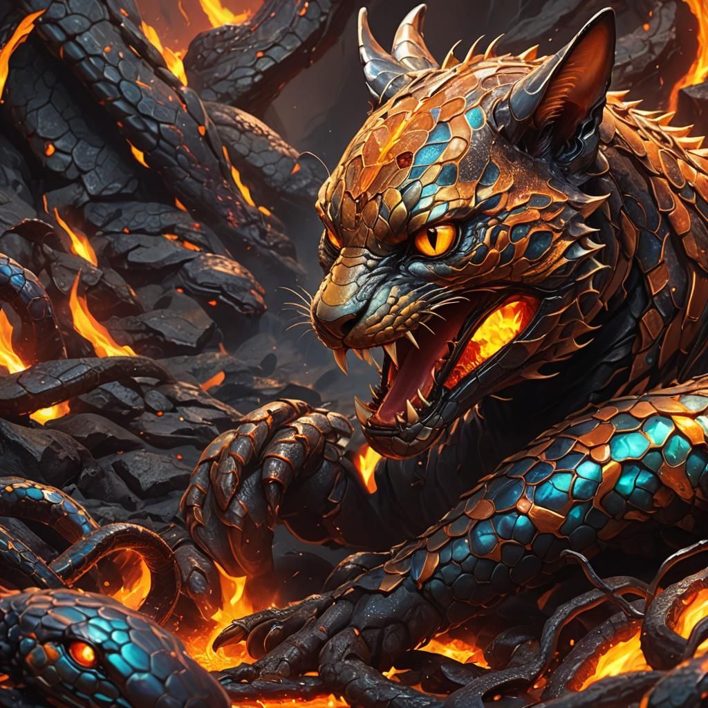 Futuristic Serpent Hybrid Reigns Over Molten Lava in Vibrant...