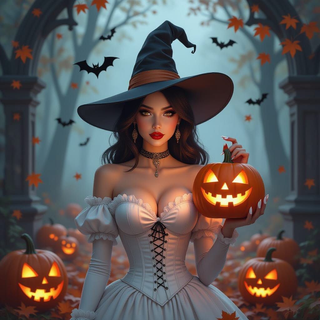 a woman dressed as an elegant witch in a forest and autumn s...