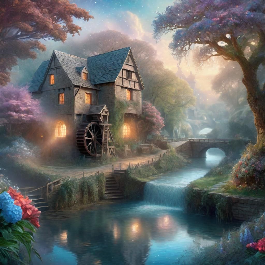 Ethereal Fantasy Watermill Amidst Ancient Trees and Flowers