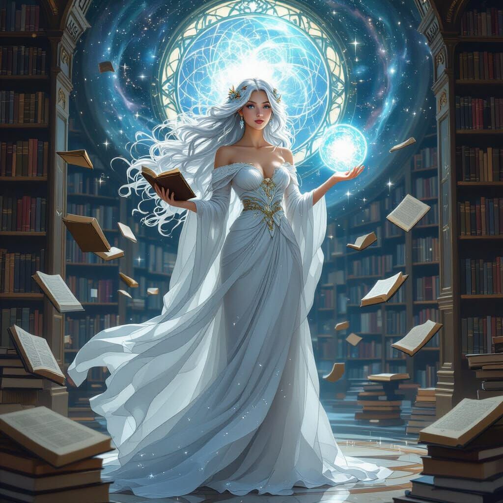 A celestial librarian with long, flowing silver hair and a g...