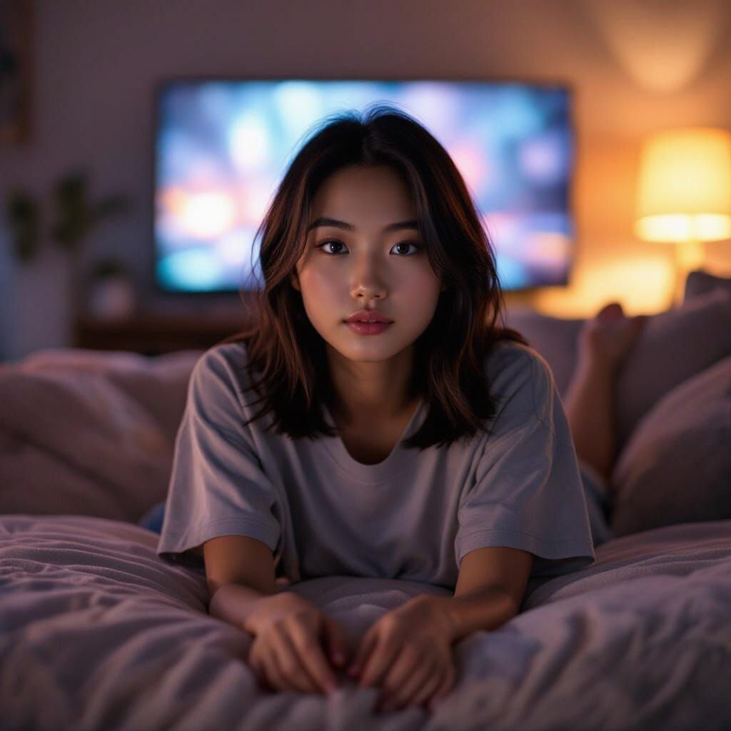 Young Woman Relaxing in TV Light