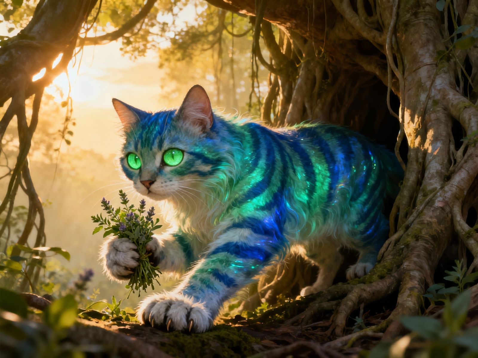 Mystical Cat Emerging from Banyan Roots at Dawn
