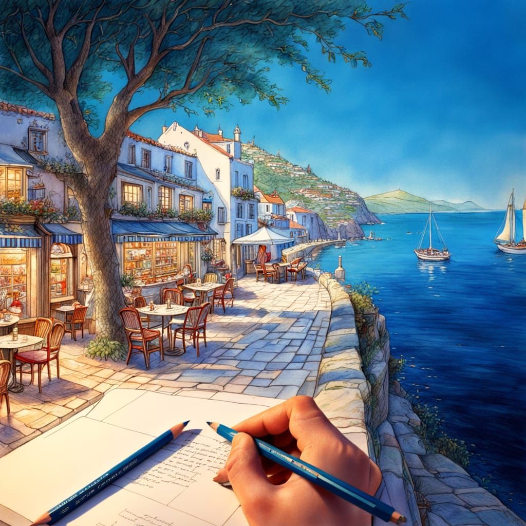 Idyllic Greek Cafe: Pencil Drawing in Brambley Hedge Style