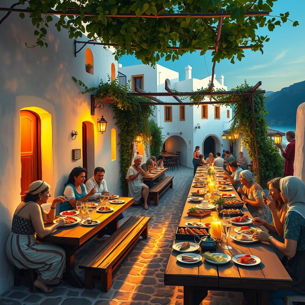 Greek Village Taverna Feast in Vibrant Colors