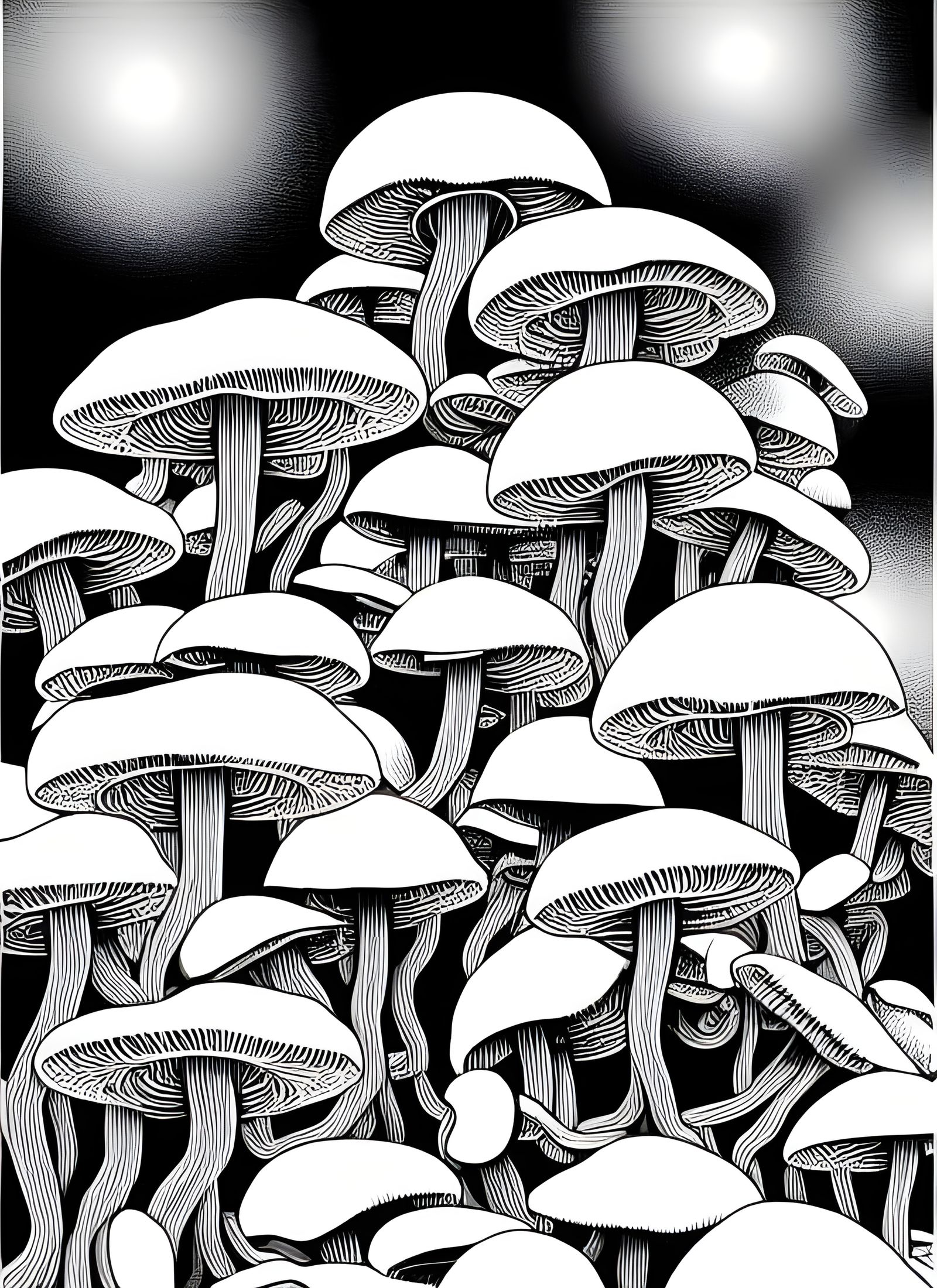 High-Contrast Black and White Fungus in Digital Vector Style