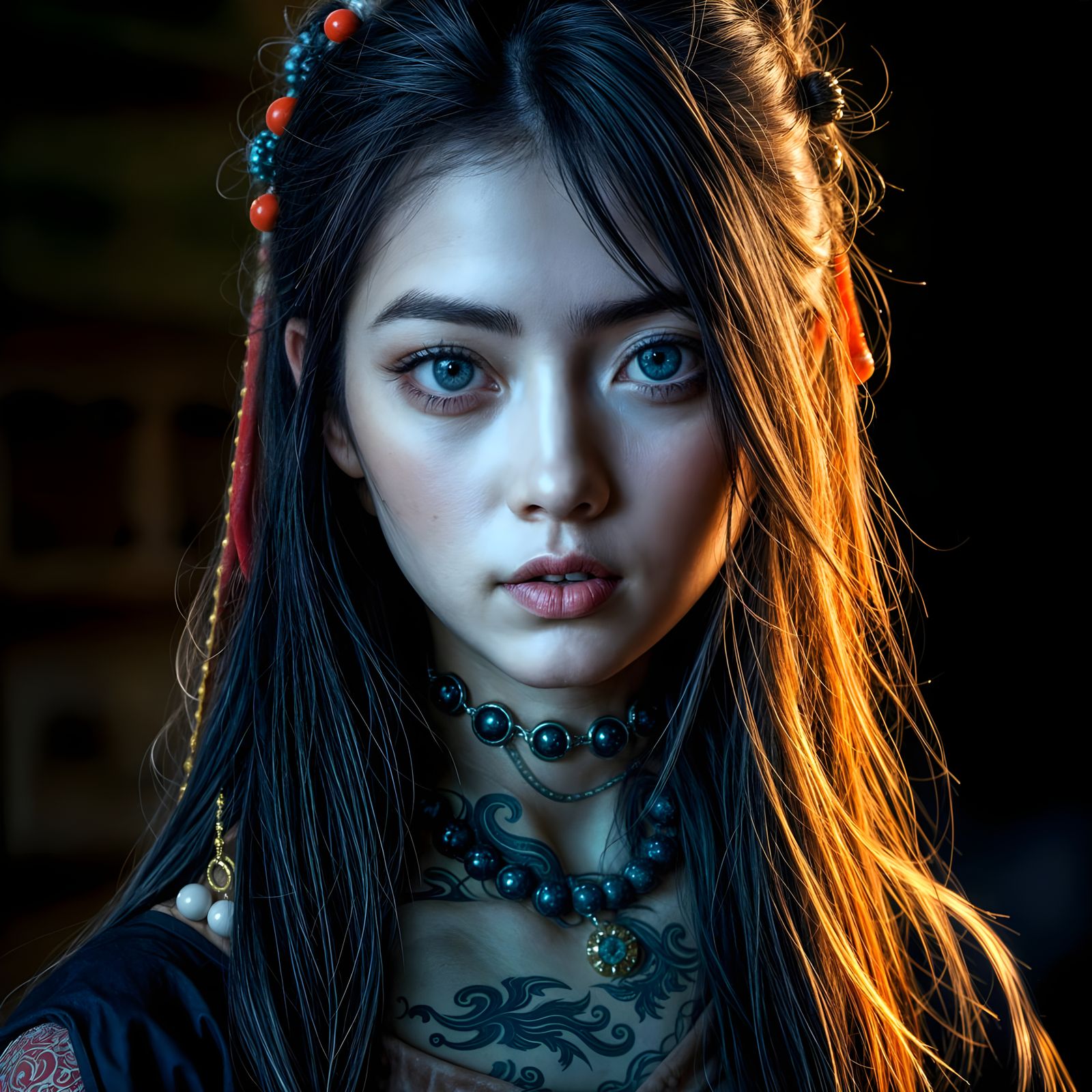 Dark Gothic Goddess with Intricate Tattoos and Colored Makeu...