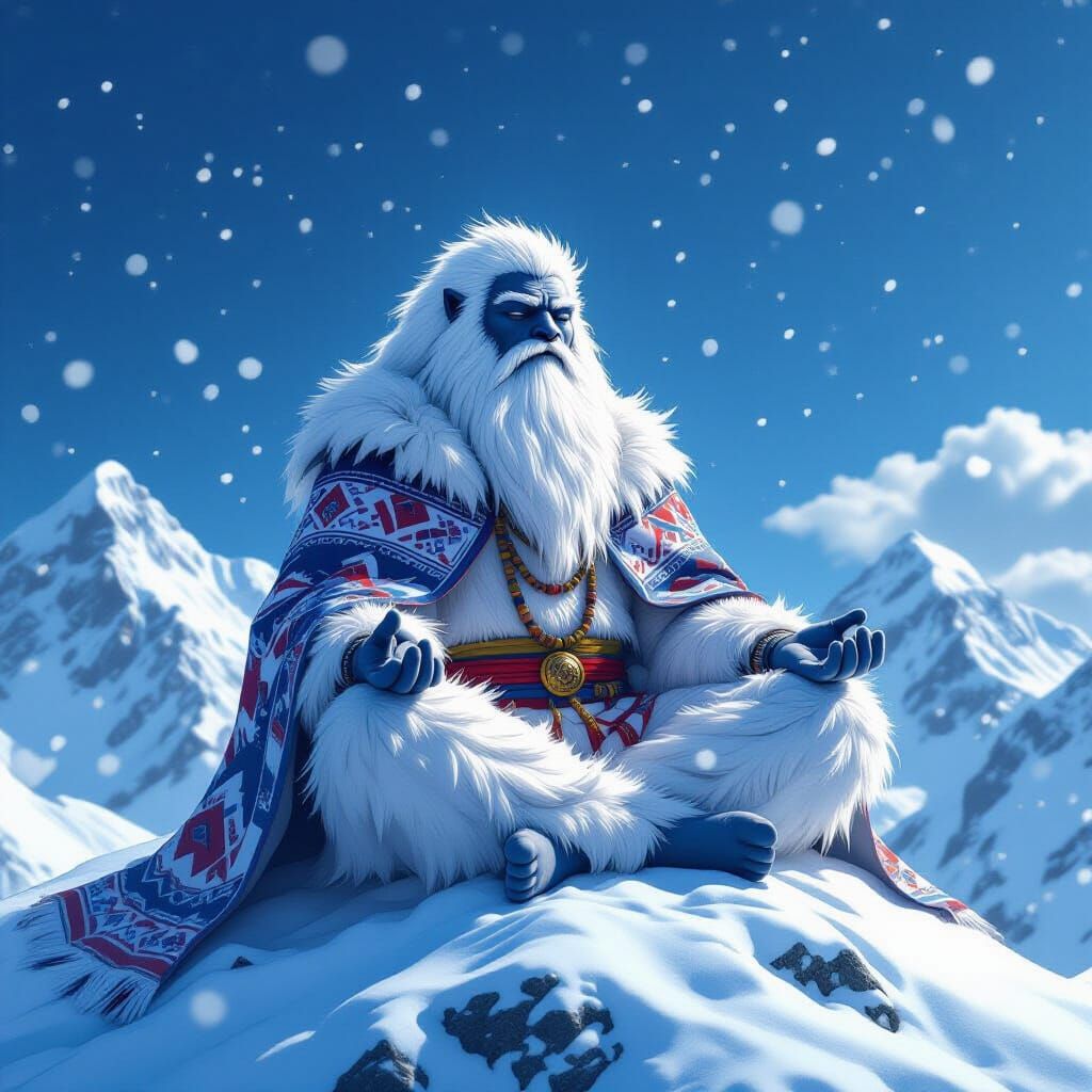 White Yeti Meditating on Snowy Mountain