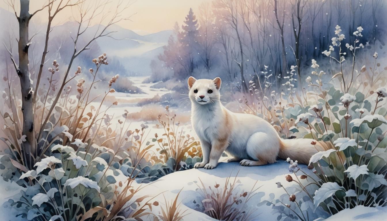 Serene Watercolor Scene of a White Least Weasel in a Snowy L...