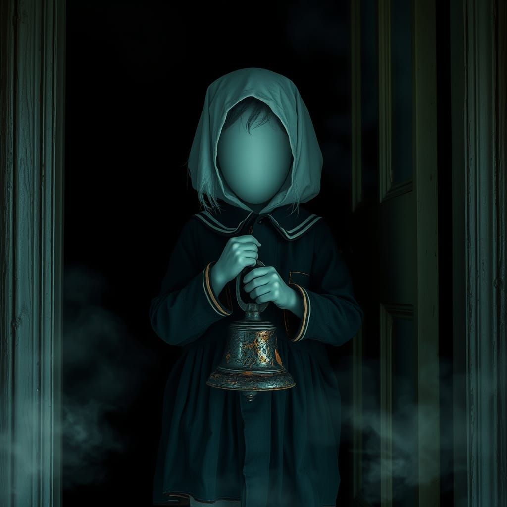 Eerie Ghost Child in Doorway with Glowing Mist