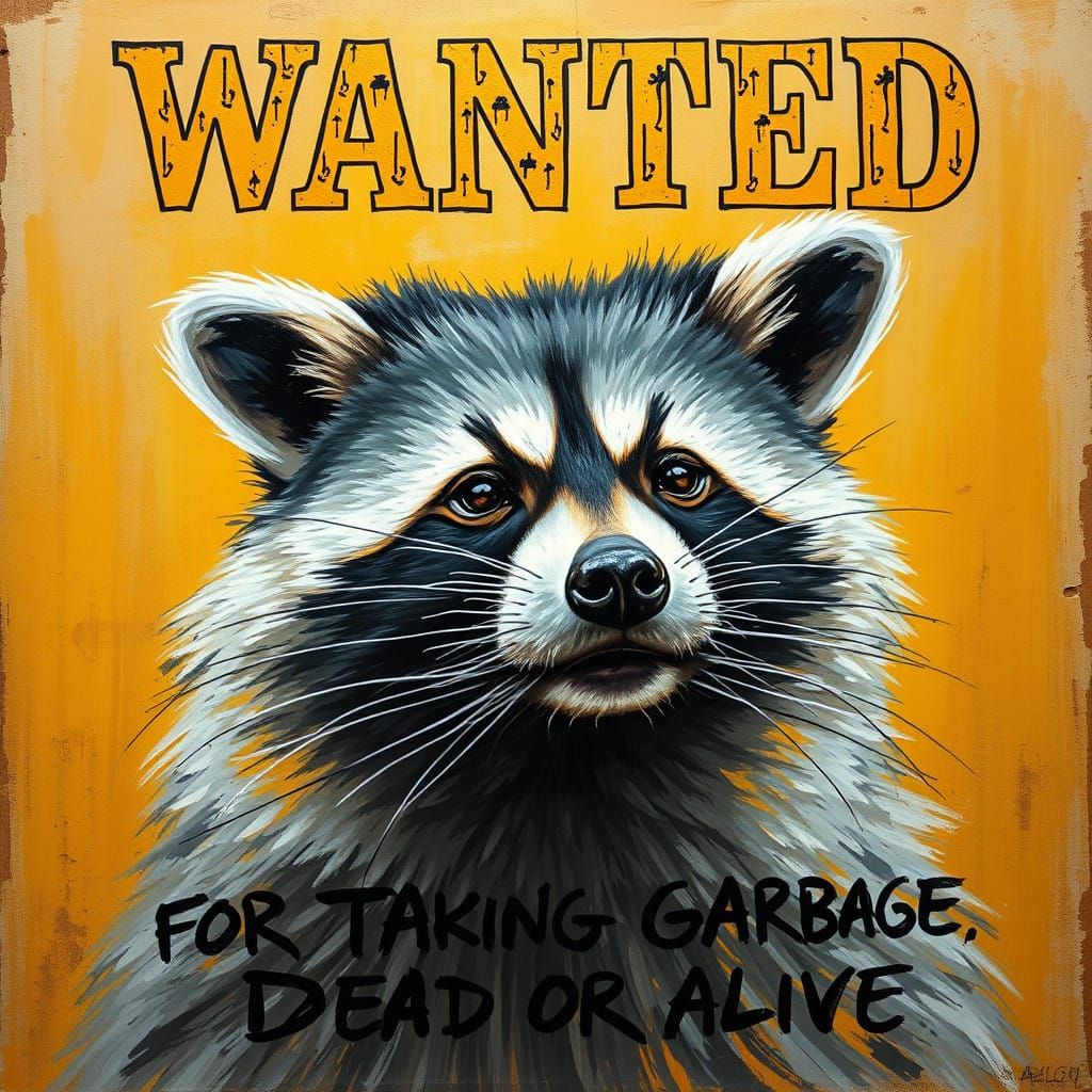 Vibrant Raccoon WANTED Poster in Impressionist Style