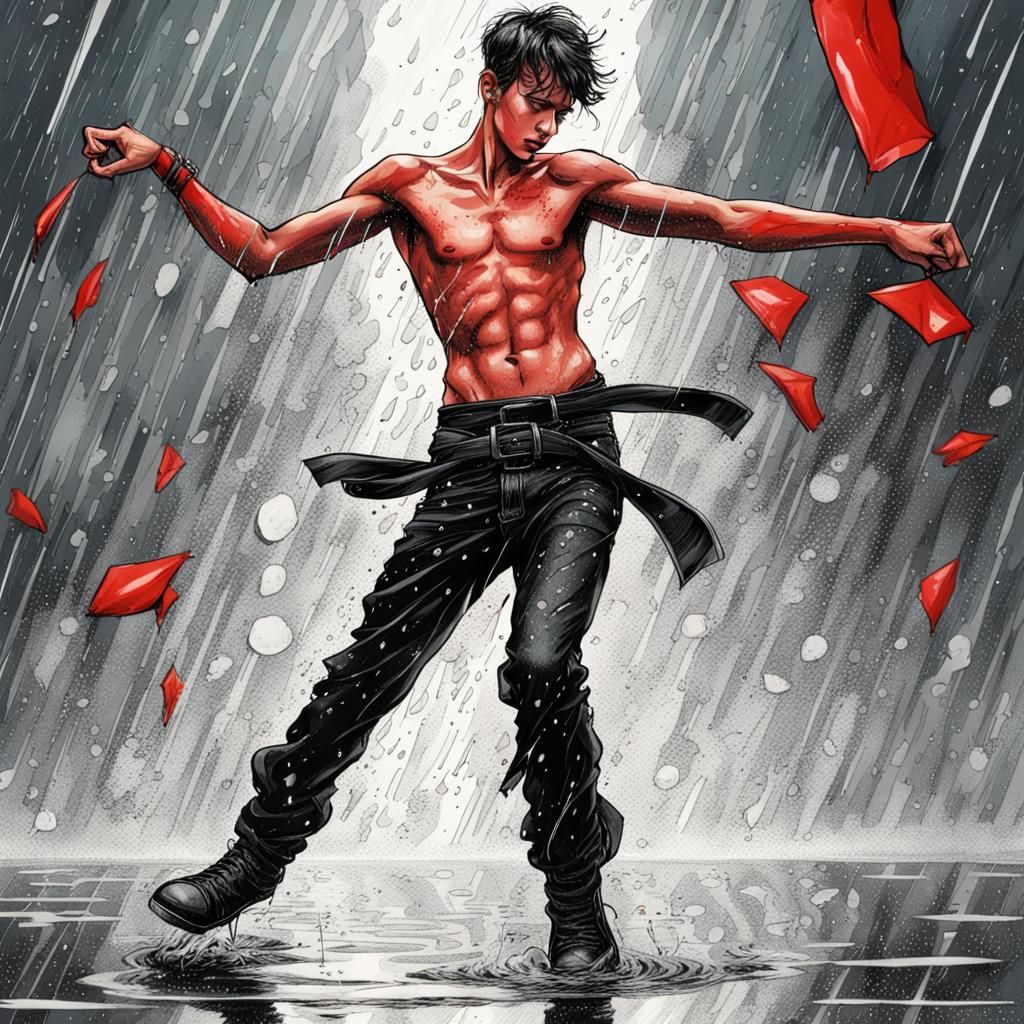 Boy dances in the rain