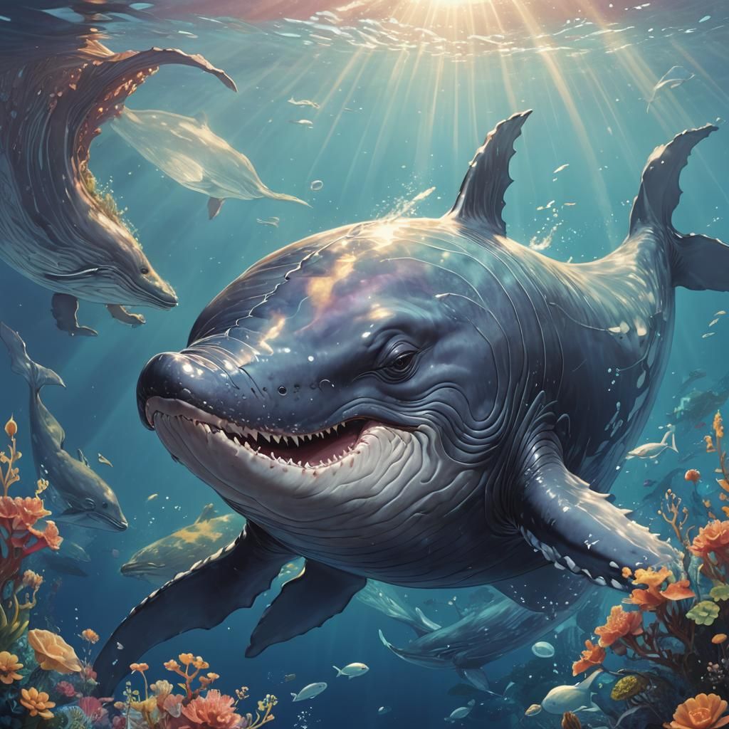 Majestic Bahamut Whale in a Dreamy Japanese-Inspired Scene