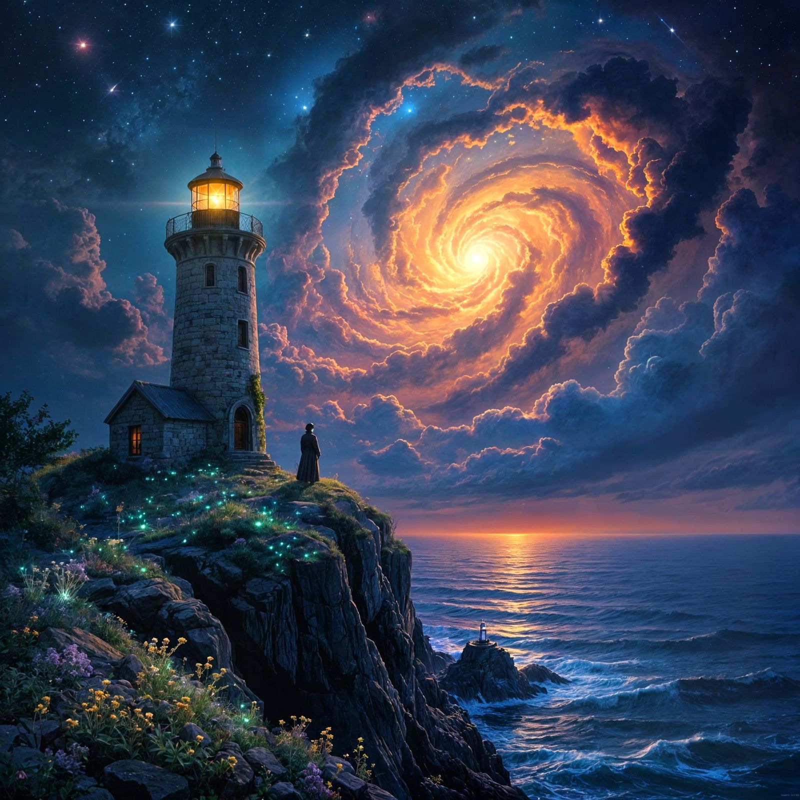 Lighthouse Keeper Gazes at Cosmic Nebula Above Alien Flora