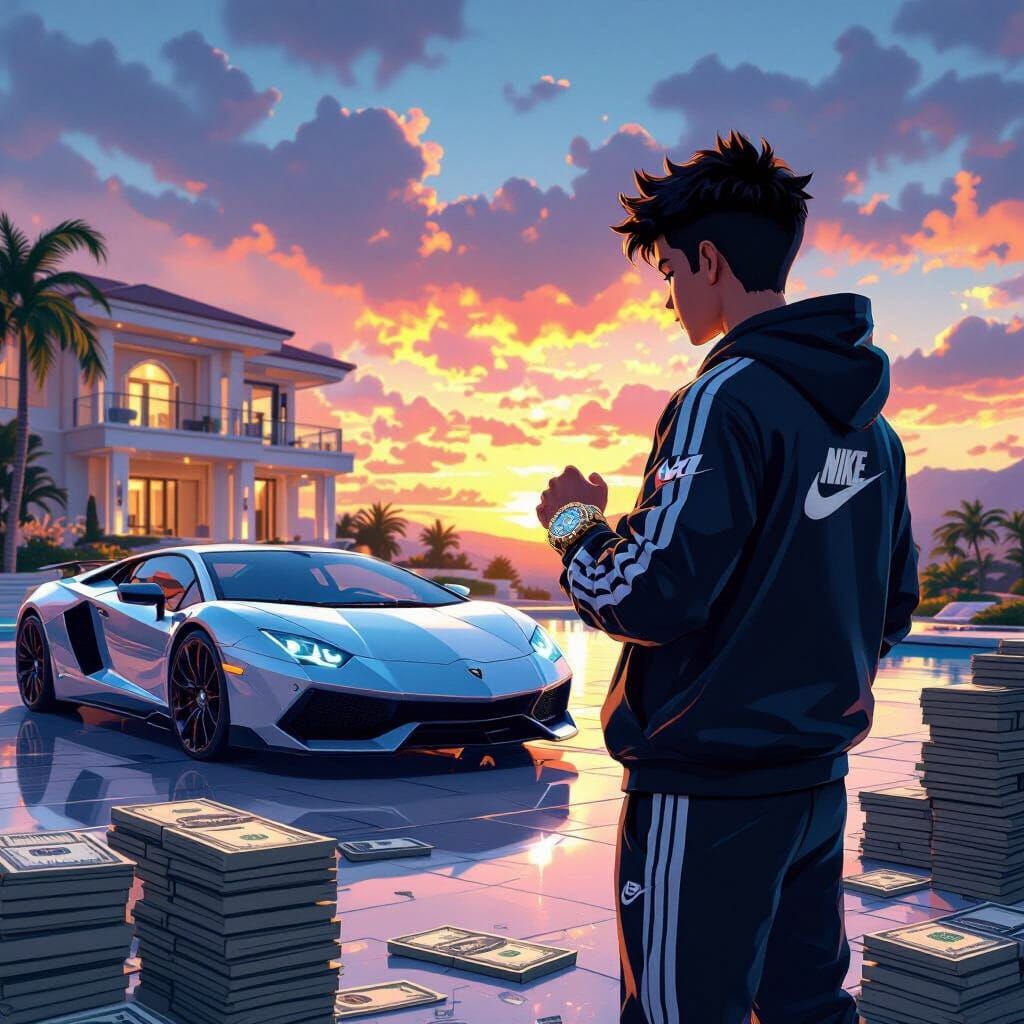 Ben 10 Admiring Diamond Watch Next to Luxury Car and Mansion