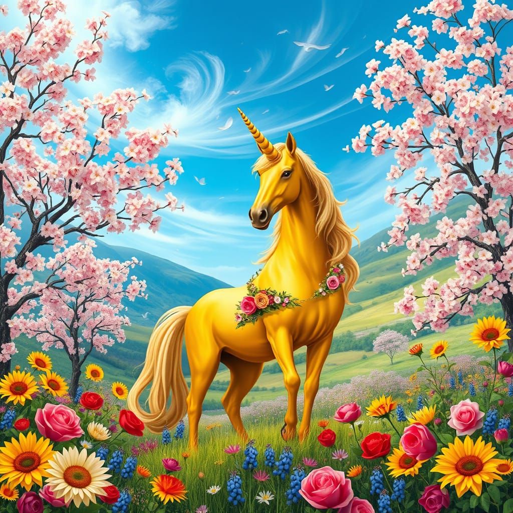Golden Unicorn in Whimsical Fantasy Valley