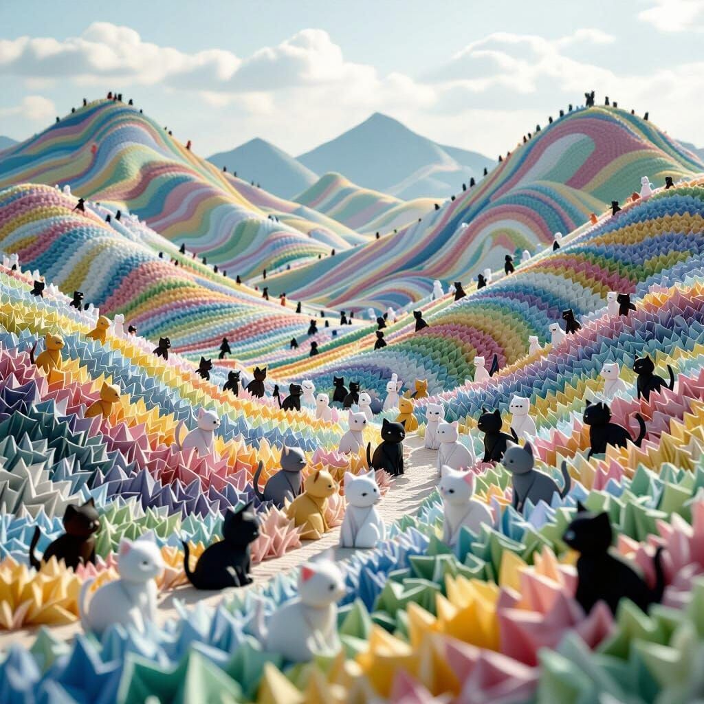 Vast Origami Kitten Landscape in Vibrant Colors