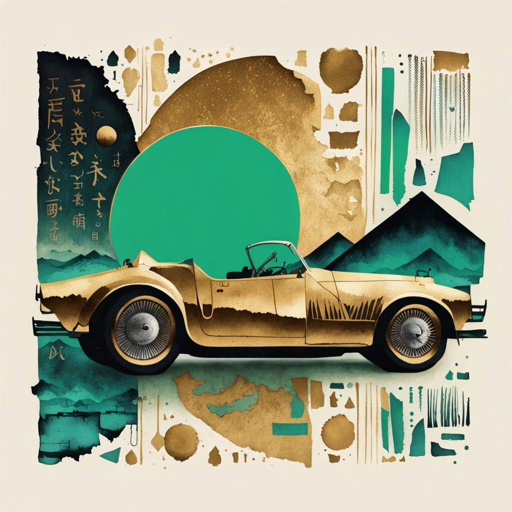 Vintage Surreal Desert Landscape with Vintage Car