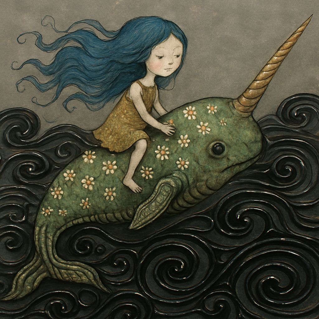 Woman Riding Narwhal in Biomechanical Surrealism Style