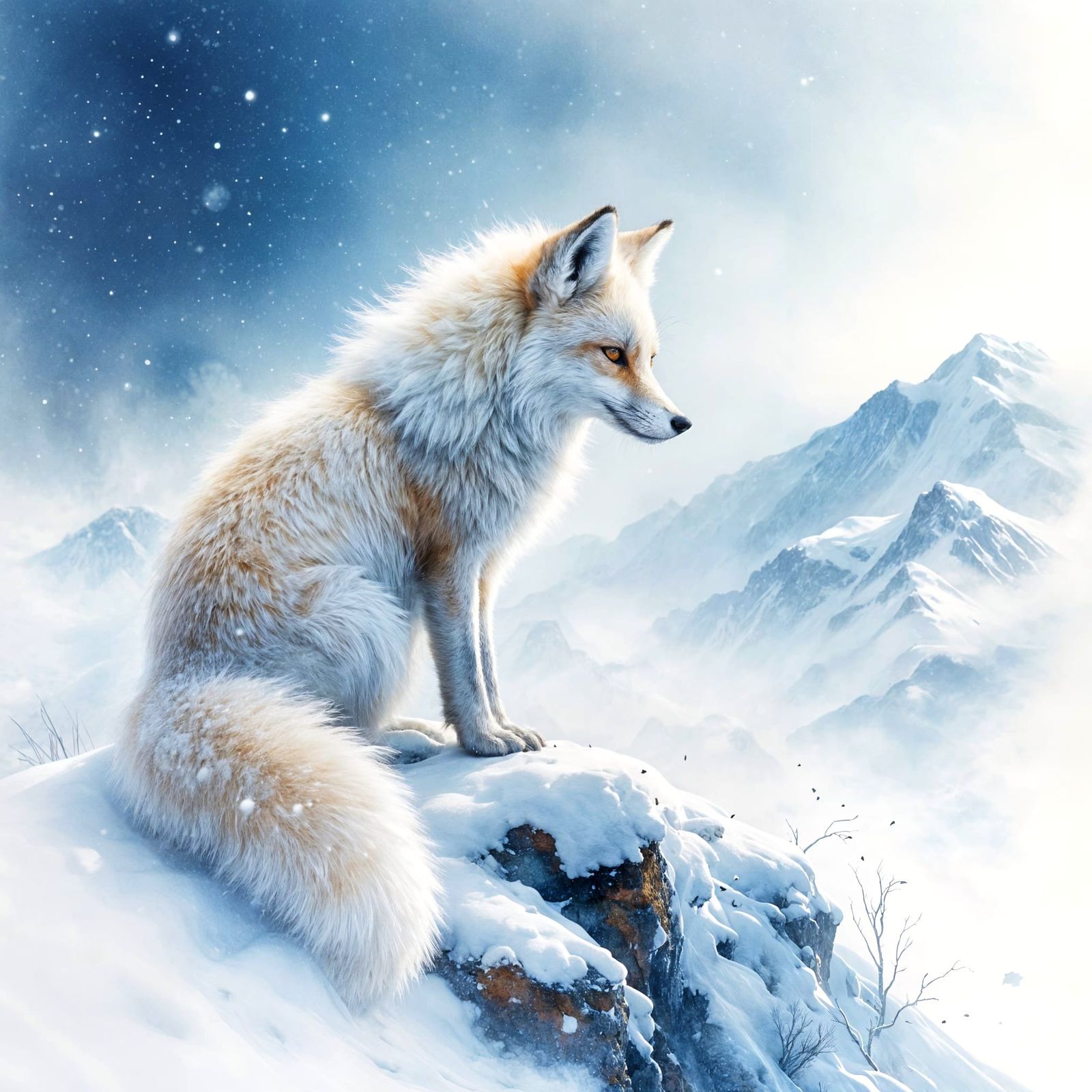 Majestic Snow Fox on Snowy Mountain Peak