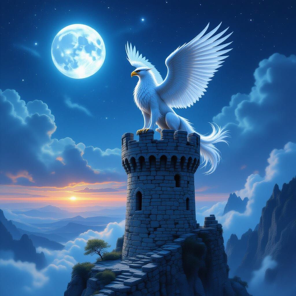 Majestic Griffin on Tower in Ethereal Fantasy Landscape
