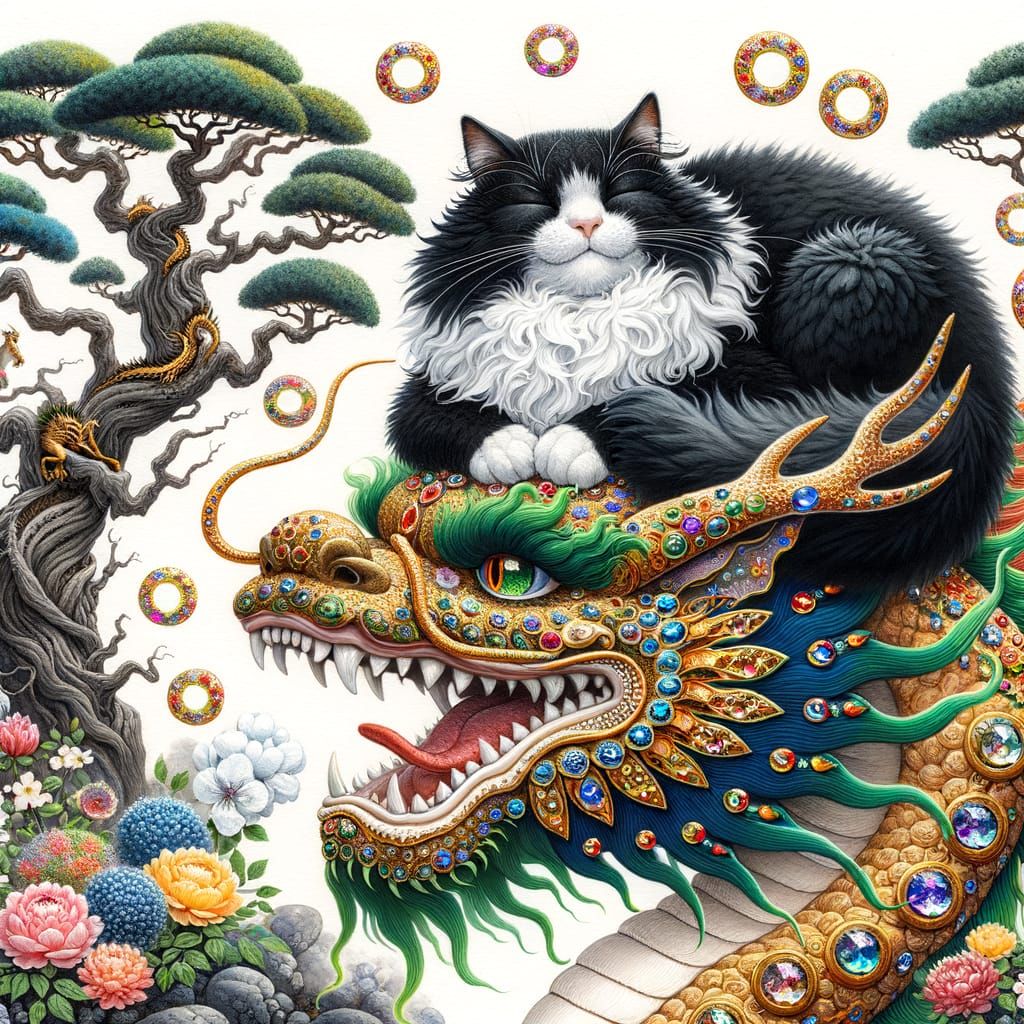 Smug Cat Snoozes on Dragon's Nose in Whimsical Watercolor Sc...