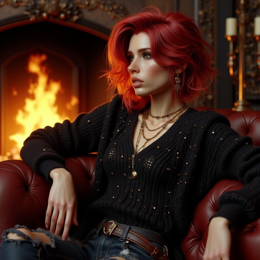 Romantic Punk Woman by the Cozy Fireplace