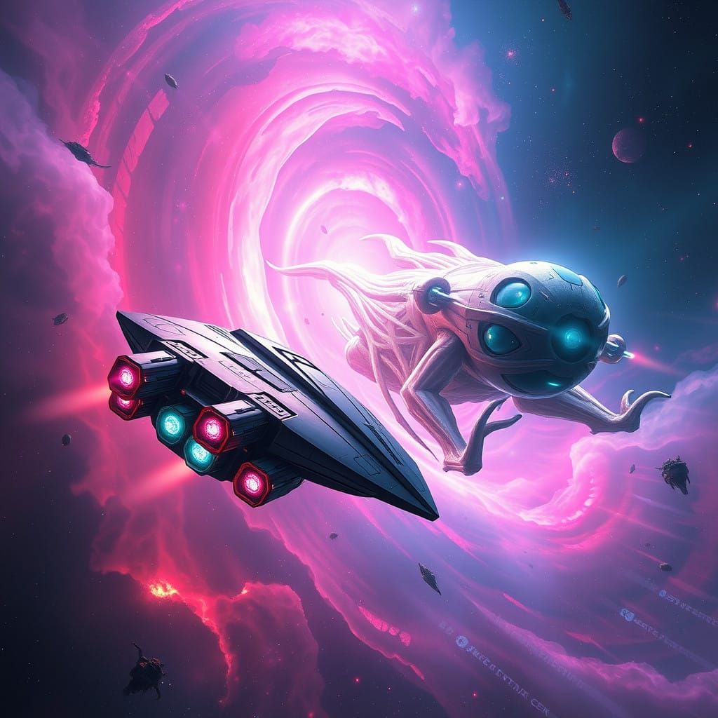 Human and Alien Spaceships Encounter in a Vibrant Nebula