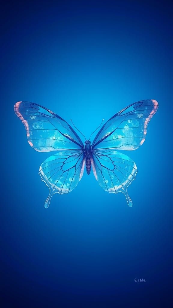 Surreal Blue Ombre Scene with Majestic Iridescent Butterfly