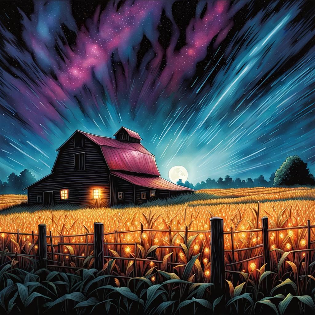 Mysterious Cornfield at Twilight in a Cosmic Watercolor Styl...