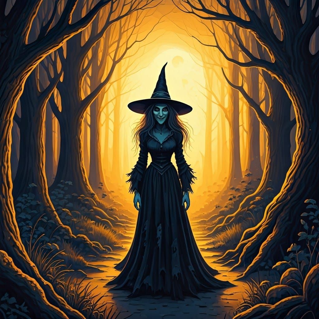 Wicked Witch in Mystical Wood Under Junketing Moon