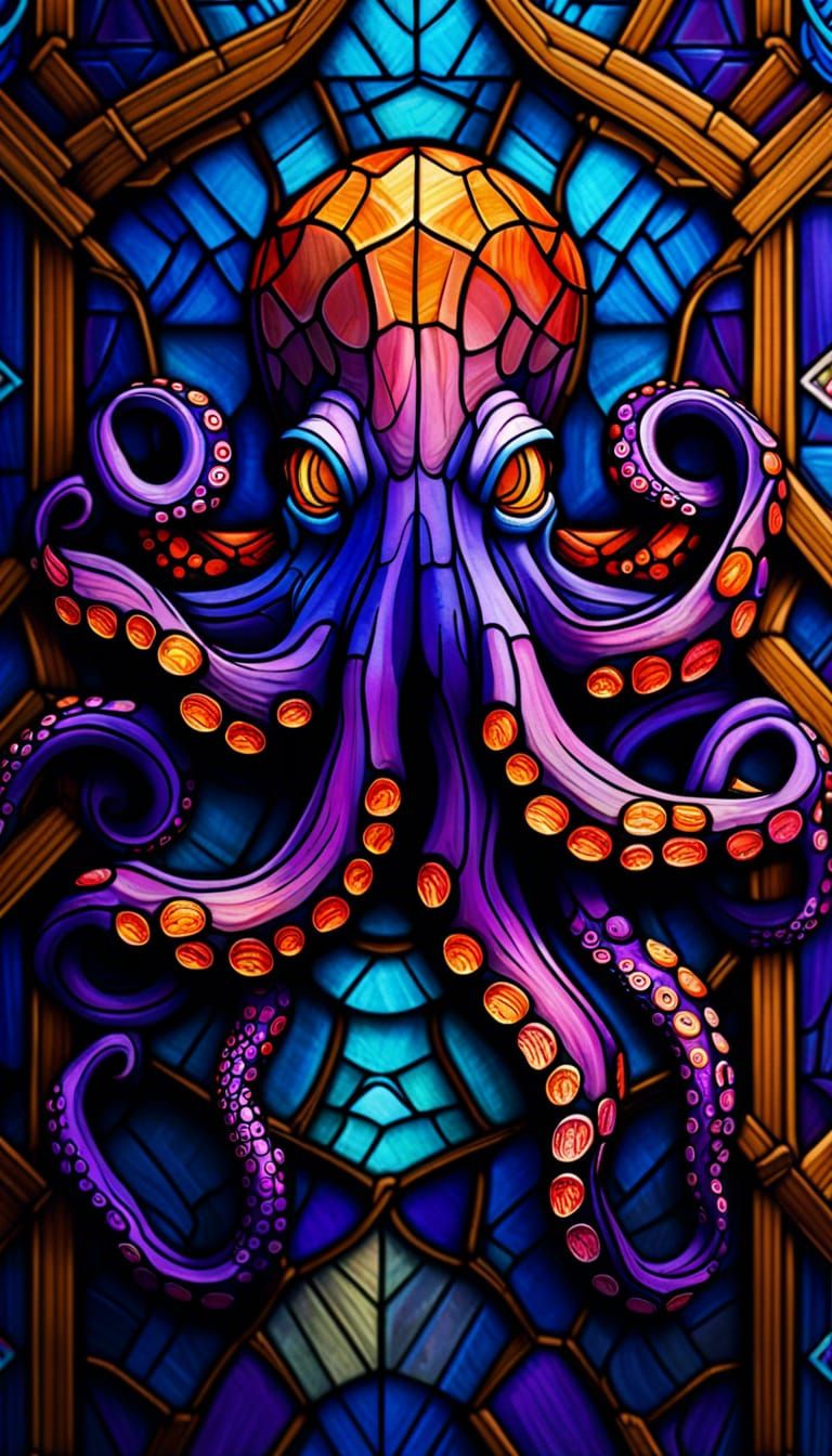 Stained Glass Masterpiece of a Vibrant Octopus in Ultra Real...