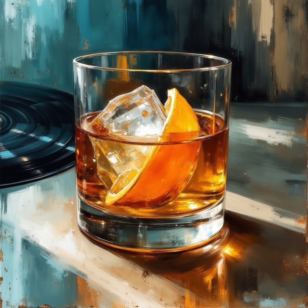Neo-Traditional Whiskey Still Life with Vinyl Record