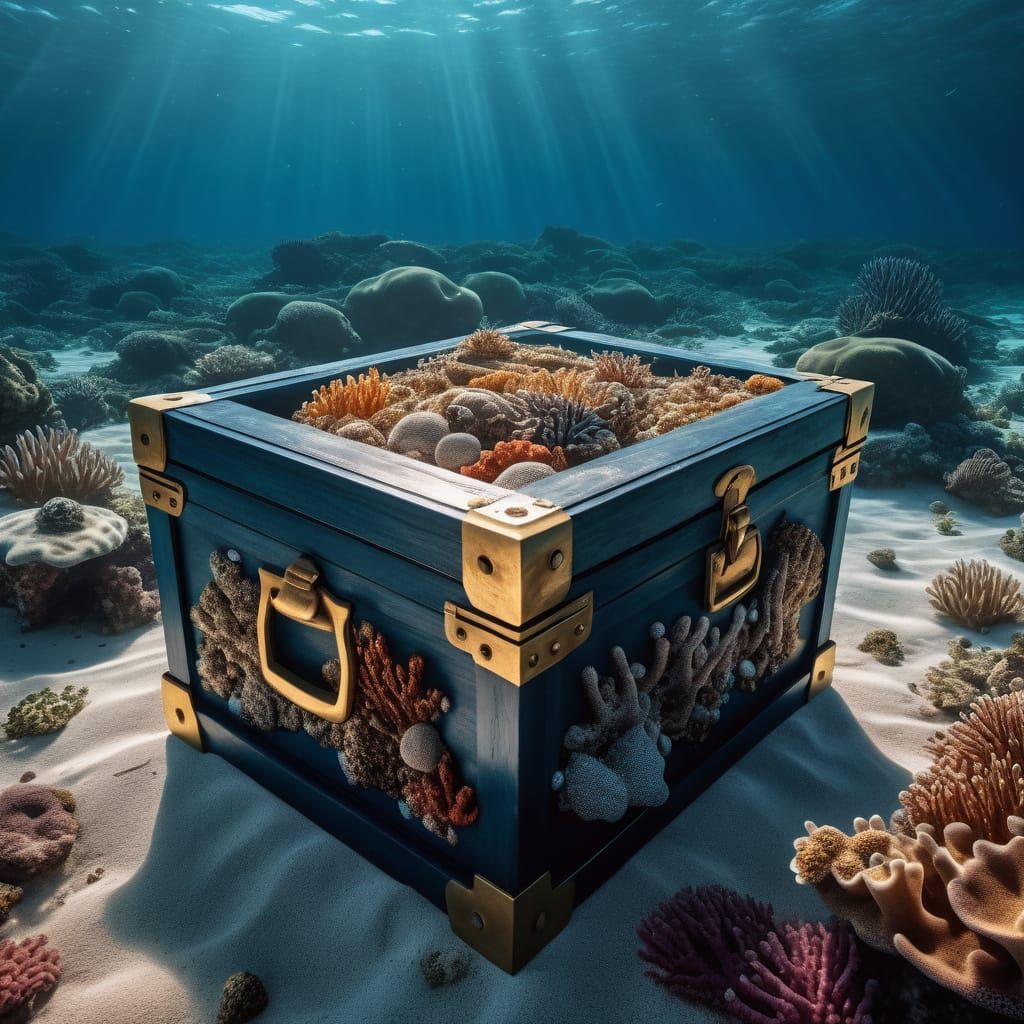 Barnacle-Covered Chest on Ocean Floor with Sea Life