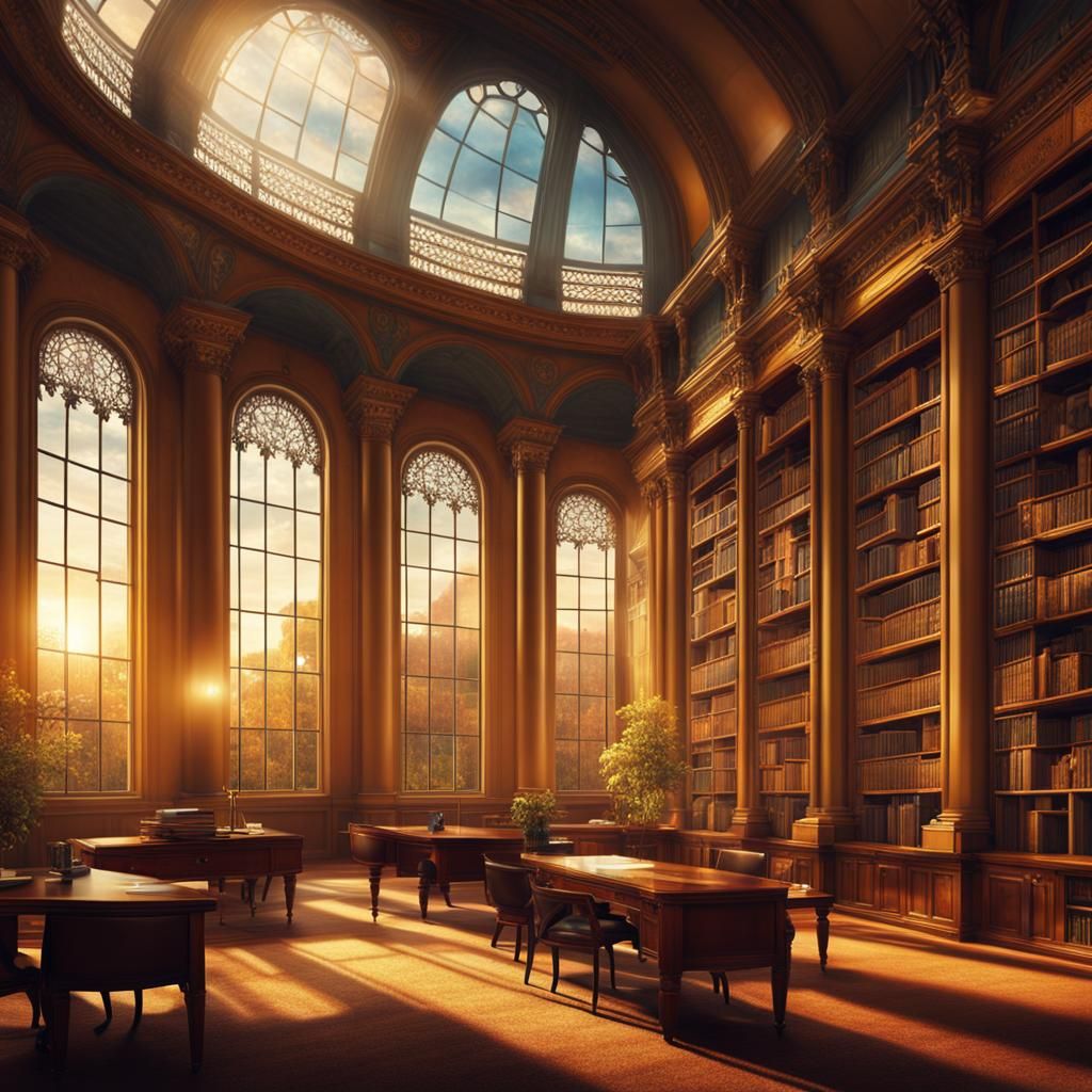 Epic Ocher-Toned Library Window Scene with Park and Building...