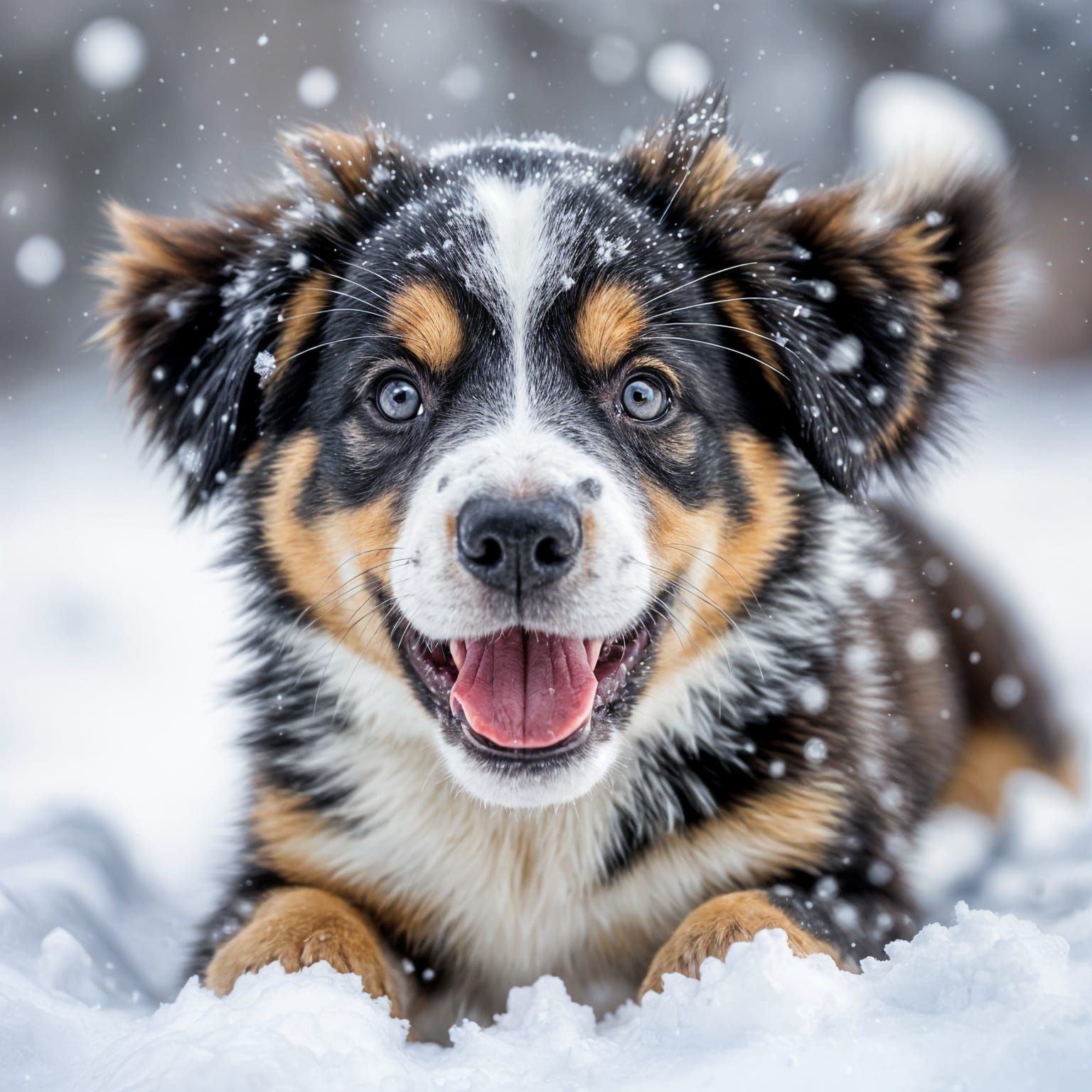 Happy Puppy Plays Joyfully in Falling Snow