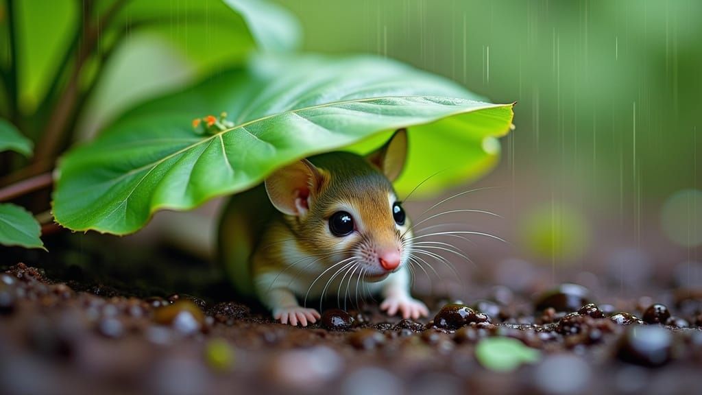 Mouse Sheltering Under Leaf in Art Nouveau Style