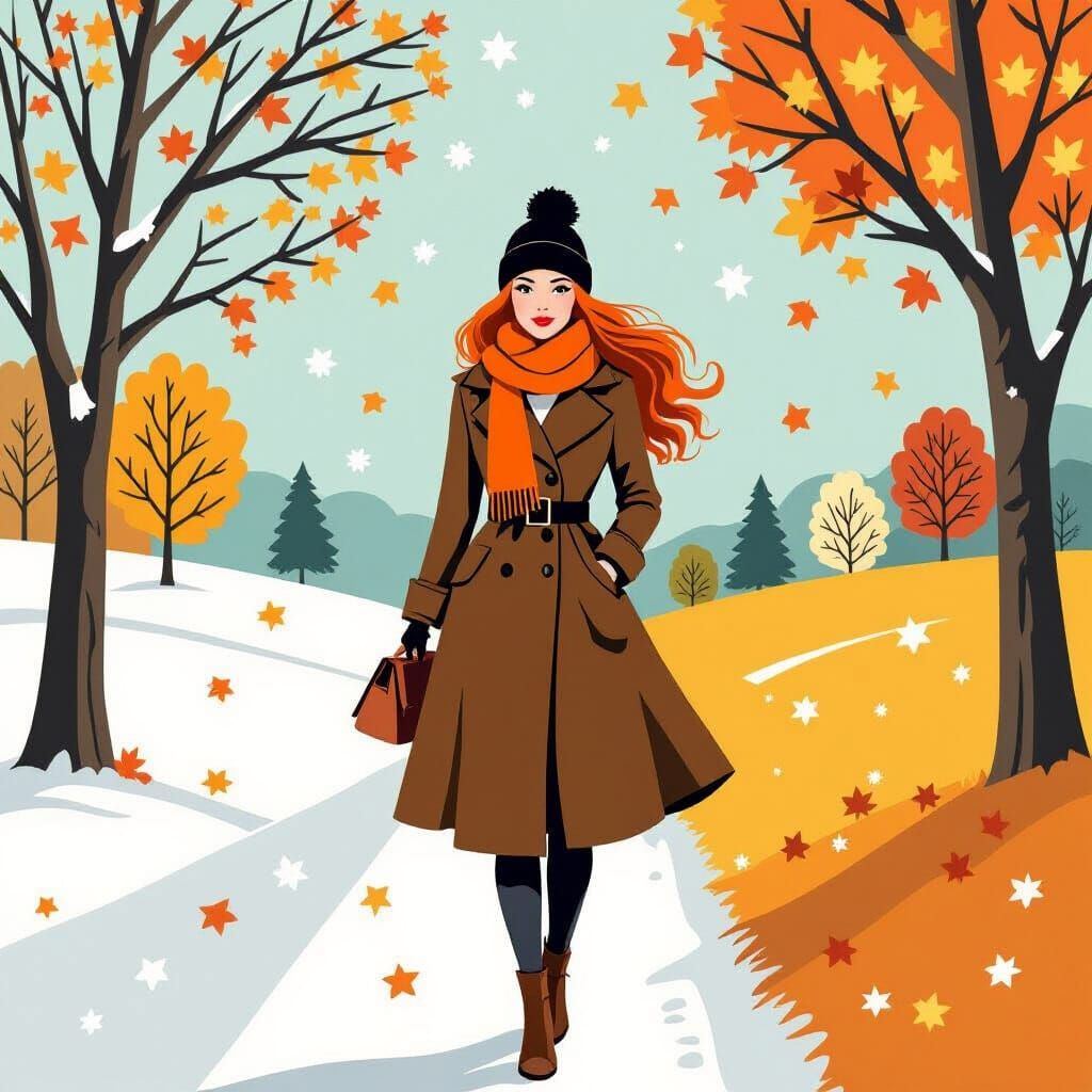Woman Separates Autumn and Winter in Anime Style