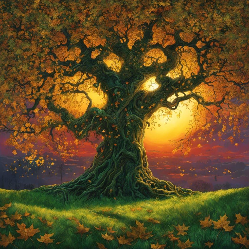 Dark Gothic Masterpiece with Burning Leaves and Brilliant Su...