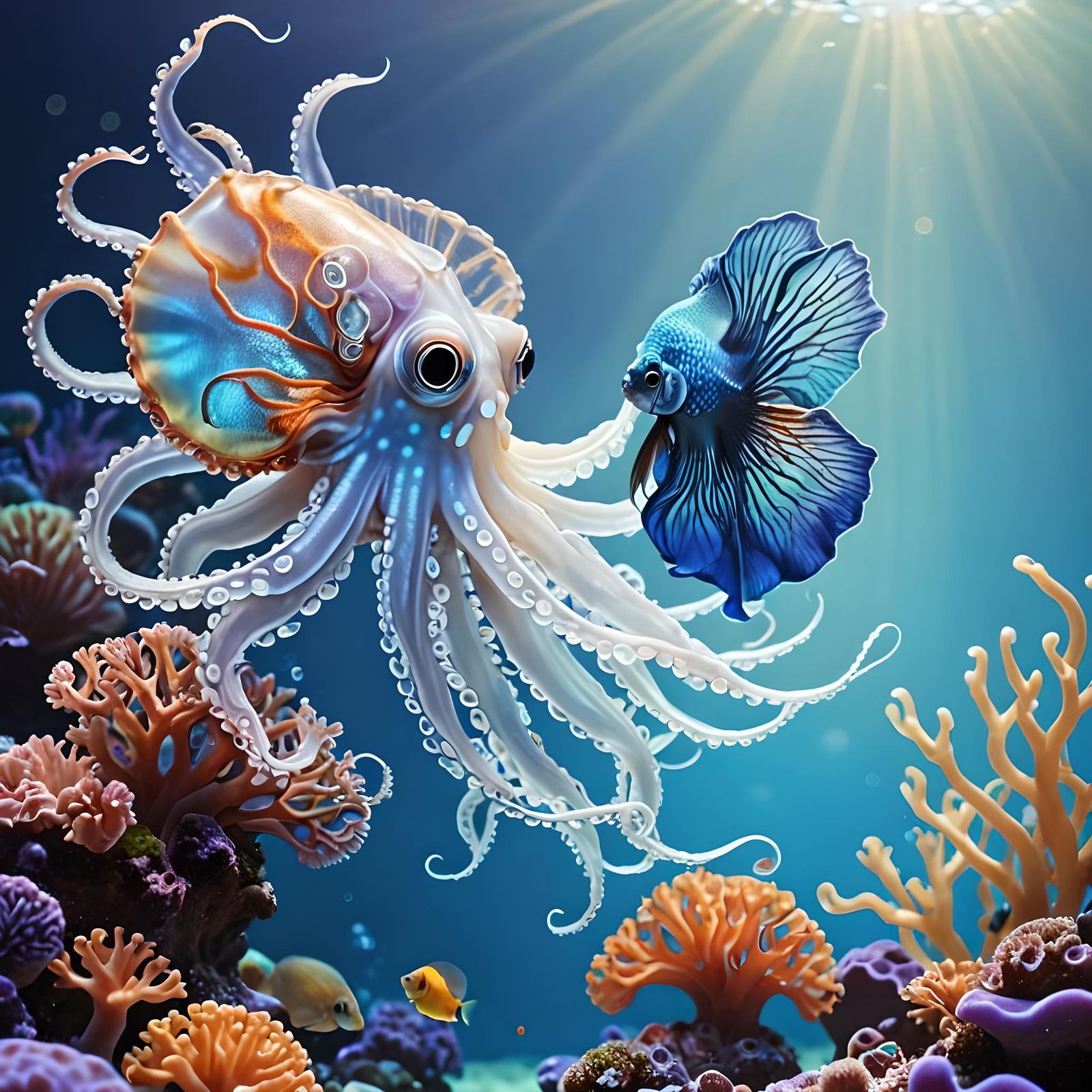 Enchanting Coral Reef Encounter in Vibrant, Iridescent Hues