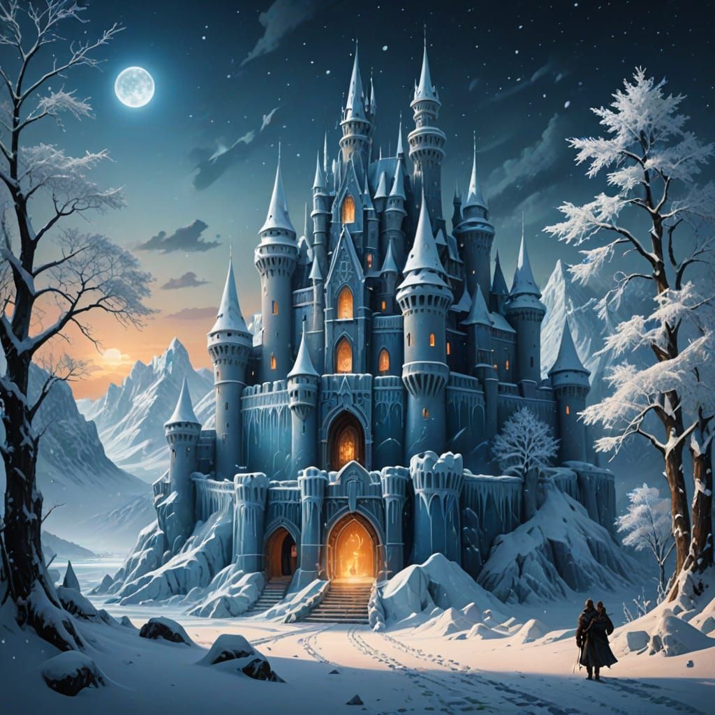 Majestic Ice Castle with Golden Lanterns in Ethereal Glow