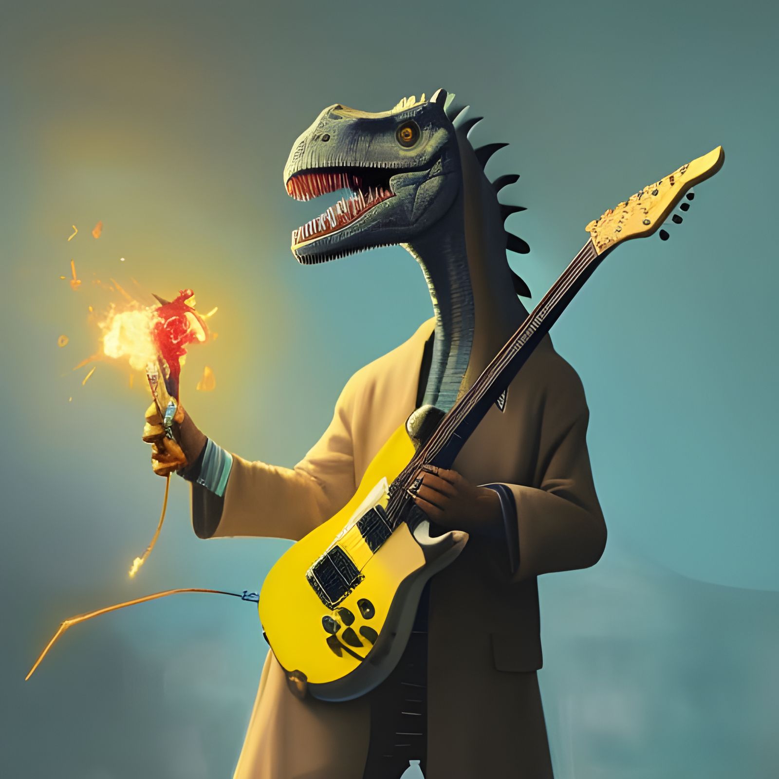 Dino Rockstar with Electric Guitar in Vibrant Art