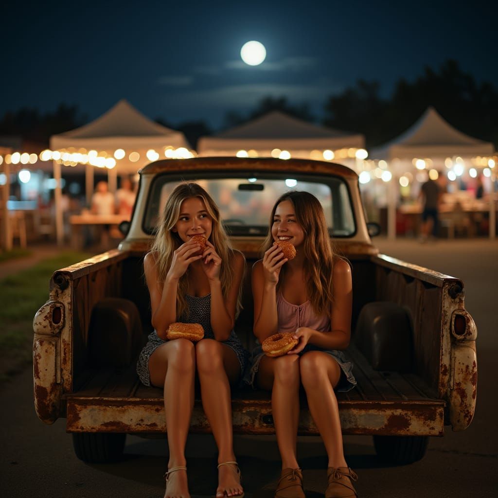 Teenage Girls Enjoying Doughnuts at Night Farmer's Market