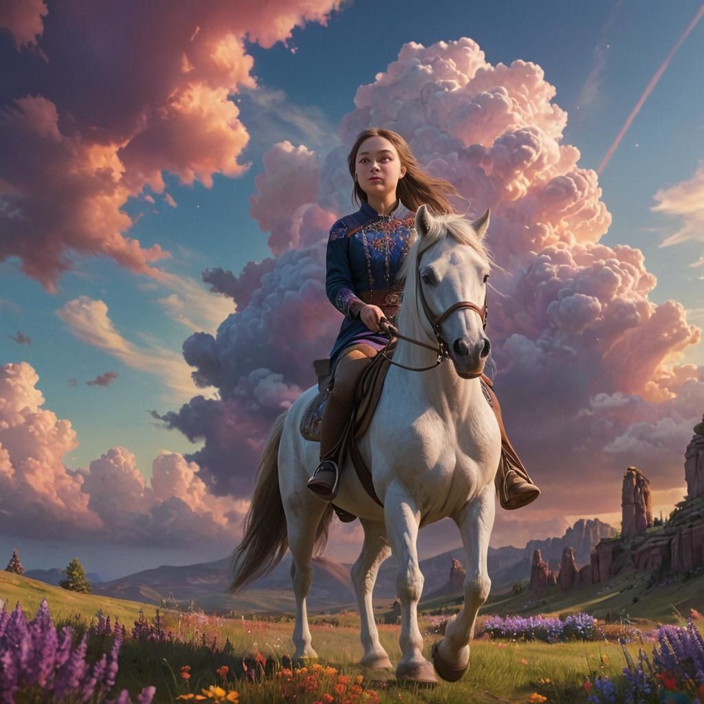 Girl Rides Horse Through Vibrant, Dreamlike Landscape