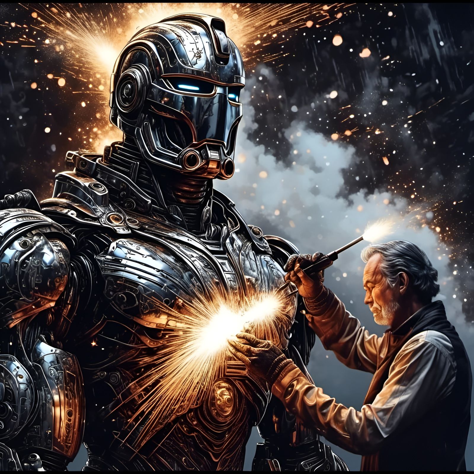 Cyberpunk RoboCop Portrait in Vibrant Metal Tattoo Art