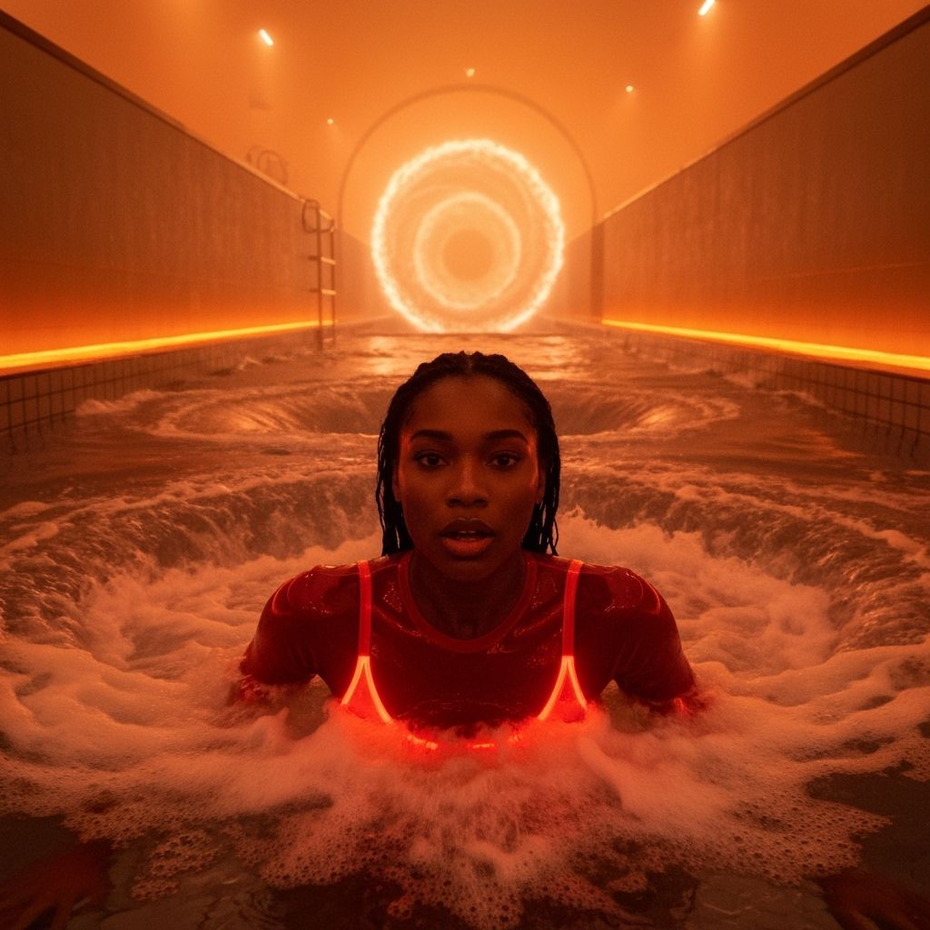 Woman in Pool with Glowing Clothes in Futuristic Style