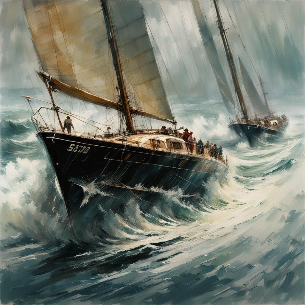 Vintage Racing Yachts in Turbulent Sea